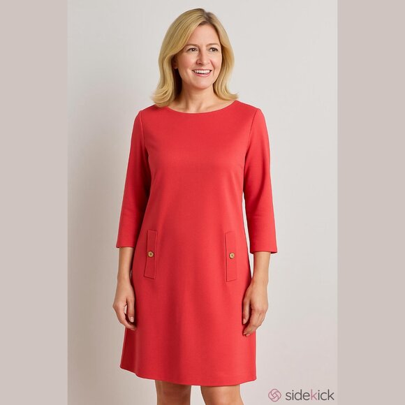 Eliza J Coral Shift Dress 3/4 Sleeve Boat Neck Classic Career Women's Sz 8 - Picture 1 of 11